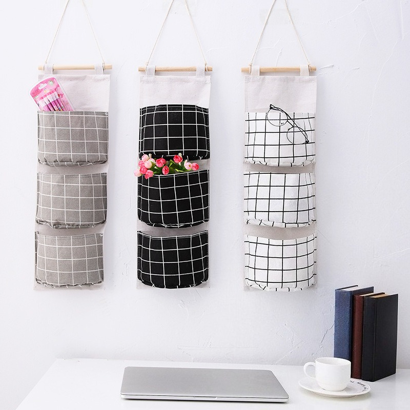 Linen Bag Bulk - Karierte Baumwoll-Leinen-Hängeaufbewahrungstasche mit 3 Fächern, Tür-Organizer,